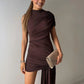 JULISSA MO Irregular Round Neck Ruched Ribbon Women Dress Coffee Sleeveless High Waist Mini Dress Summer Slim Party Club Outfits