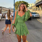 Unique Split Long Sleeves V Neck Woman Soft Mini Dress Sexy Lady Pleated Hem Green Short Dresses New Fall Beach Party Vestidos