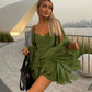 Unique Split Long Sleeves V Neck Woman Soft Mini Dress Sexy Lady Pleated Hem Green Short Dresses New Fall Beach Party Vestidos