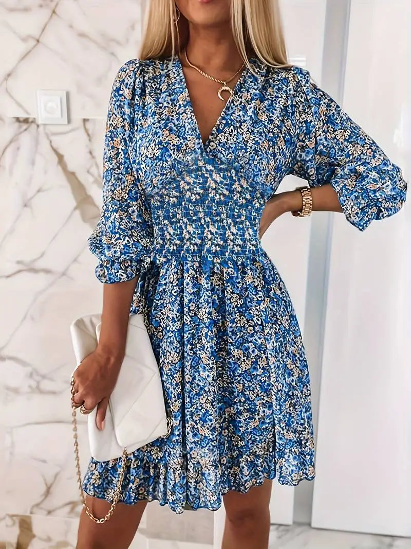 New Boho Print Floral Women Dress Summer Fashion V Neck Short Sleeve Office Elegnat Casual Dresses Female Sweet Beach Dress Robe