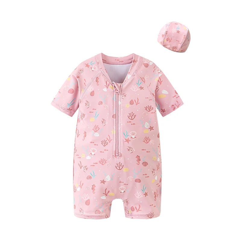 Цільний купальник Mini Bala для хлопчиків і дівчаток з короткими рукавами, захист від сонця з шапочкою для плавання, літо 2025, для басейну та пляжного відпочинку