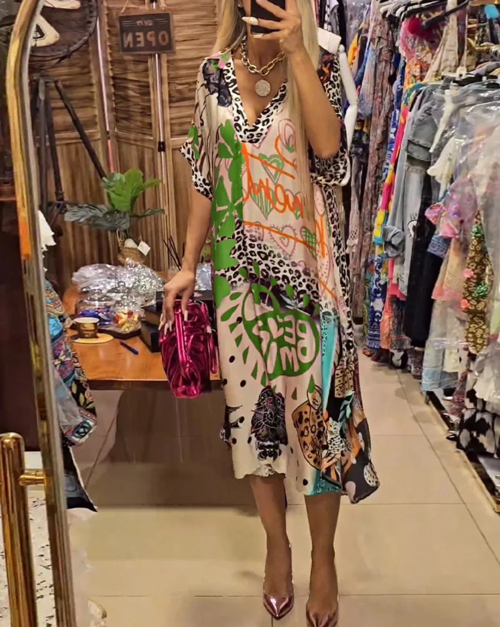 Casual V Neck Loose Midi Dresses For Women Summer Leopard Colorful Printed A-Line Party Dress Short  Sleeve Female Clothing