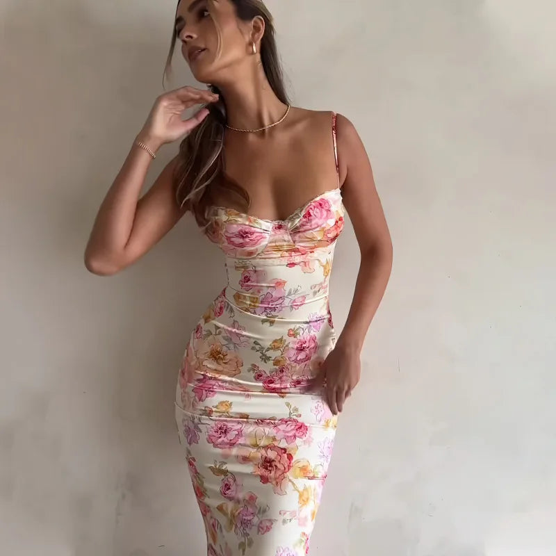 Fashion Summer Print Strap Women Dress Sleeveless Slim Fit Sexy Backless Camisole Dress Dresses for Women 2025 Q034