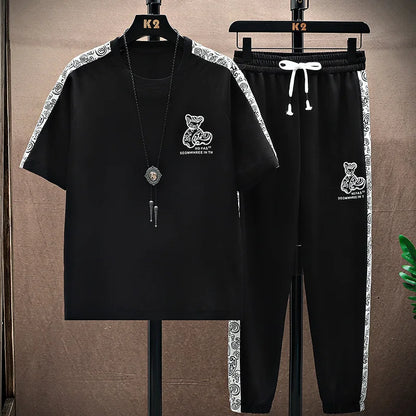 Summer Men's Trousers Tracksuit 2 Piece Set Fashion Tops Tees Ice silk Short Sleeve T Shirt+Pants Vintage Casual Sweatpants