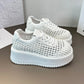 Summer Cutout Mesh Woven Casual Sneakers Round Toe Breathable Mesh Lightweight Front Lace-Up Booster Platform Shoes