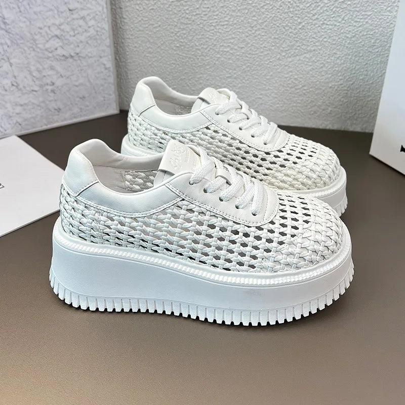 Summer Cutout Mesh Woven Casual Sneakers Round Toe Breathable Mesh Lightweight Front Lace-Up Booster Platform Shoes