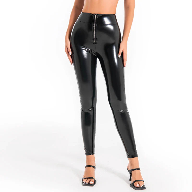 Women Sexy Zip High Waist Leather Leggings Patchwork PU Faux Leather Bodycon Pants Nightclub Slim Skinny Wetlook Trousers Custom