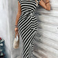 Elegant And Elegant Waist Lace Up Striped Round Neck Short Sleeve Long Dress Summer Party Bodycon Women's Dresses
