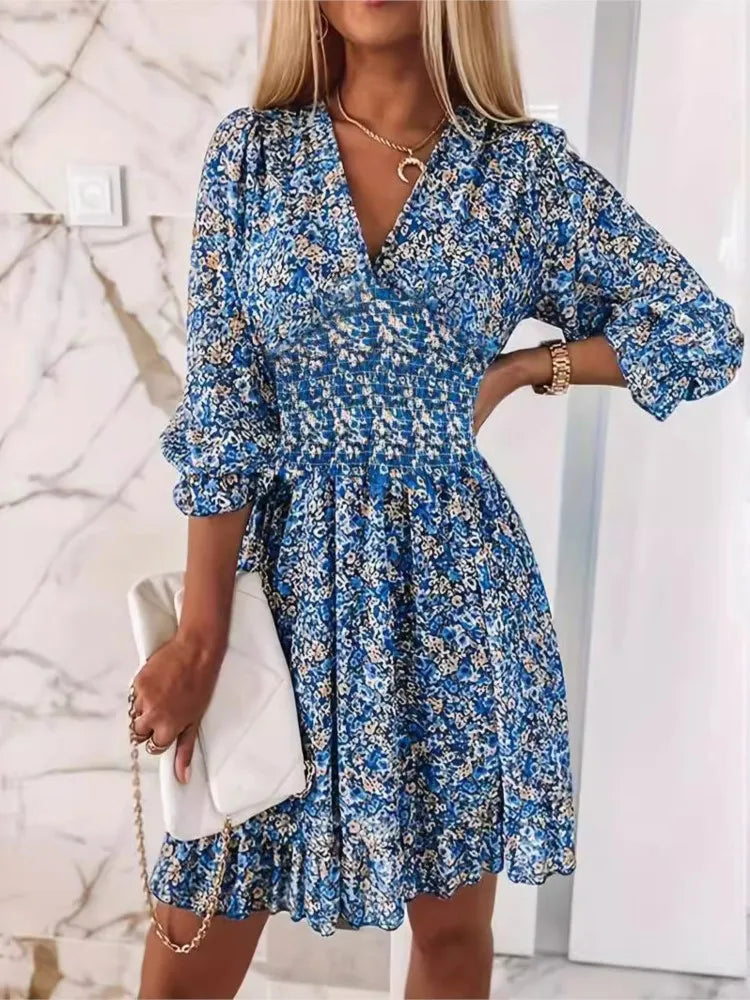 New Boho Print Floral Women Dress Summer Fashion V Neck Short Sleeve Office Elegnat Casual Dresses Female Sweet Beach Dress Robe