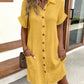 Women's Fashion Summer Minimalist V-neck Button Up Dress Woman Cotton Linen White Short Sleeved Pocket Casual Loose Shirt Dress
