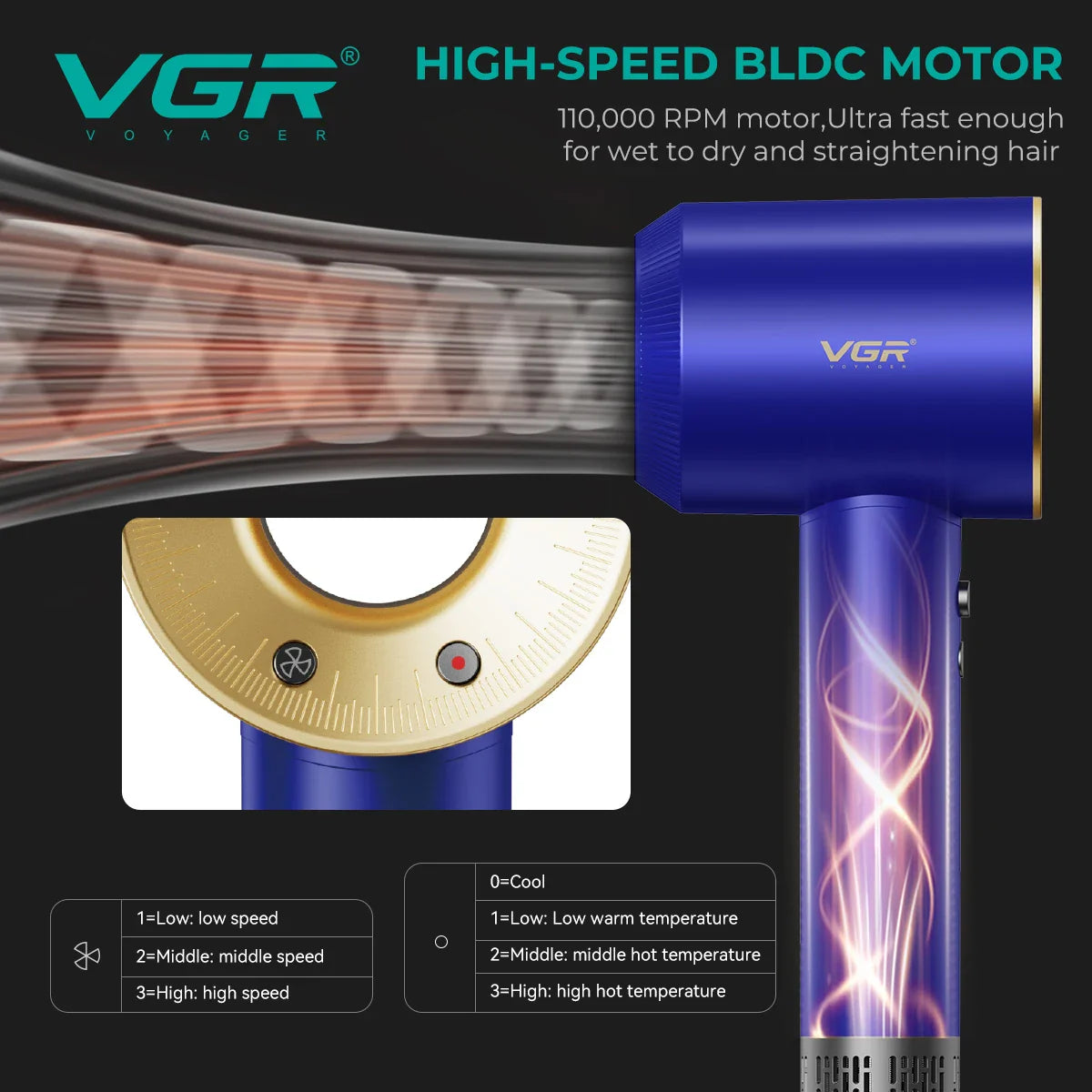 VGR 110000 об/хв низькошумний фен без лопатей професійний фен для волосся з негативними іонами догляд за волоссям інструменти для перукарні V-445