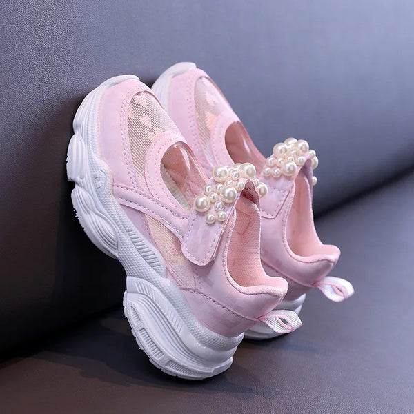 Girls' Mesh Hollowed Tennis Shoes 2024 Summer New Children's Solid Color Pearl Sports Shoes Kids Cute Heart Princess Sneakers