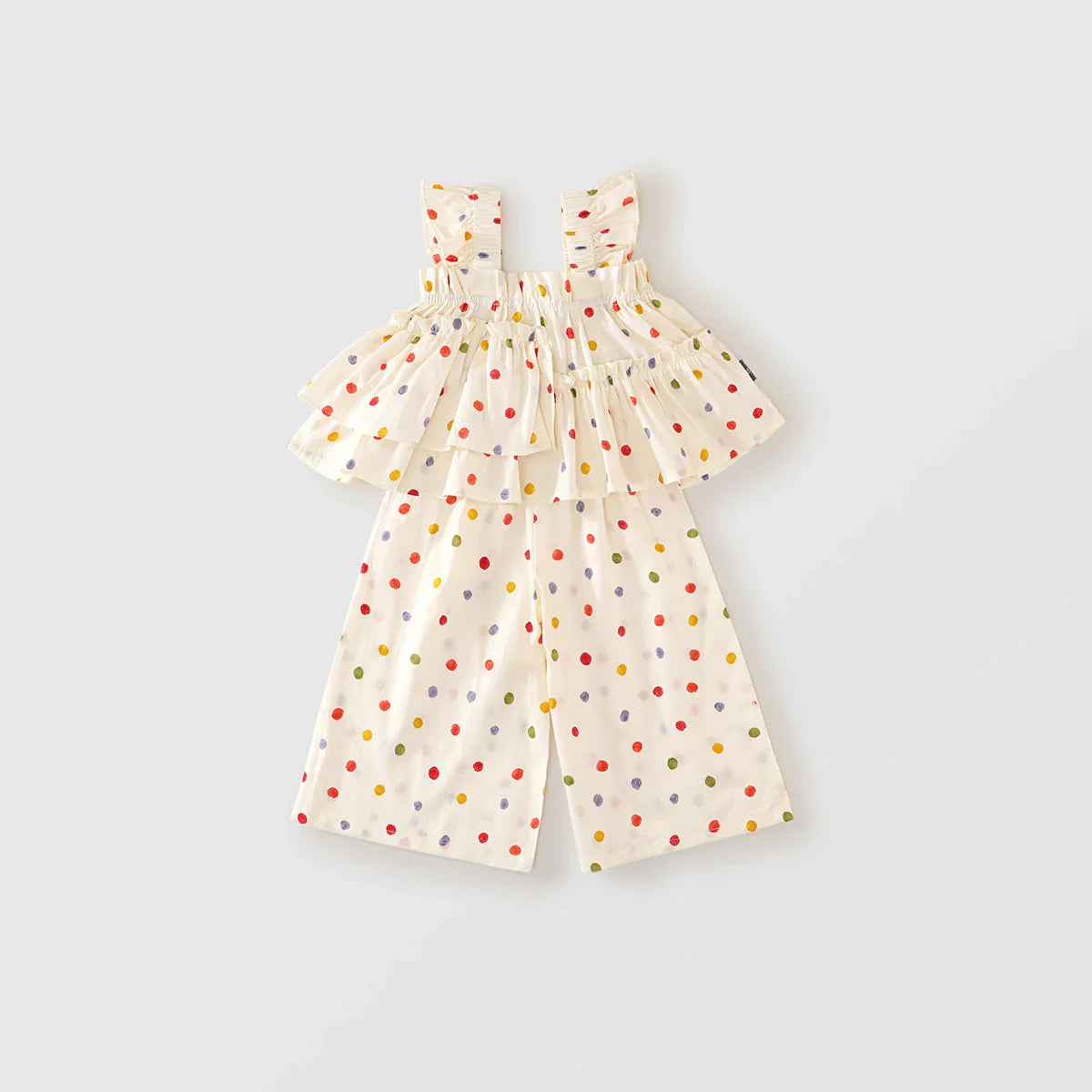2025 Summer Korean Style All Cotton Girls’ Sweet Fashion Colorful Polka Dot Two-Piece Set - Halter Top & Wide Leg Pants