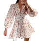 Spring  Autumn Women's New Dress Temperament Sweet Print V-neck Lantern Sleeve Lace High Waist Short Dress