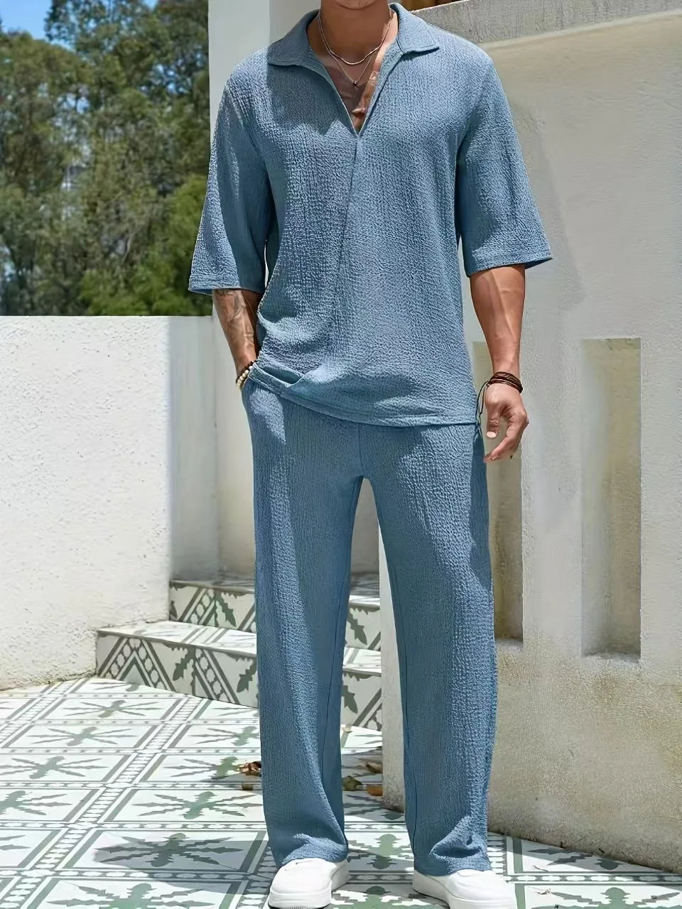 Summer men's retro casual street solid color lapel shirt High quality fashion pullover half sleeve shirt pants two-piece set