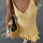 Tossy Knit Ruffled Hollow Out Mini Dress Female V-Neck See-Through Holiday Beach Casual Clothes Summer Women's Knitwear Dress