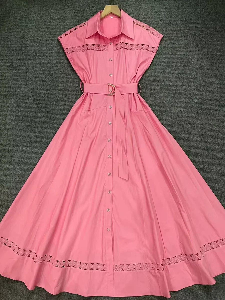 VGH Solid Color Patchwork Sashes Women's Party Dresses Lapel Short Sleeve High Waist Spliced Hollow Out Pleated Dress Female New