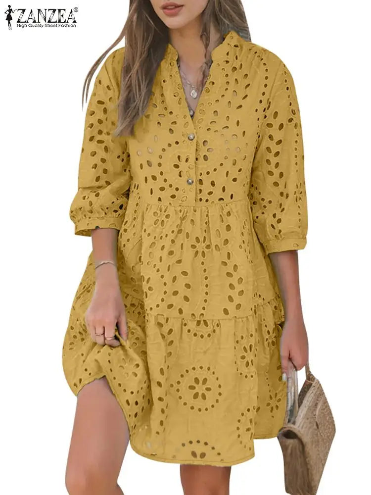 ZANZEA Women Fashion Hollow Out Embroidered Short Dress Holiday Casual Loose 3/4 Sleeve Knee-length Vestidos Lace Patchwork Robe