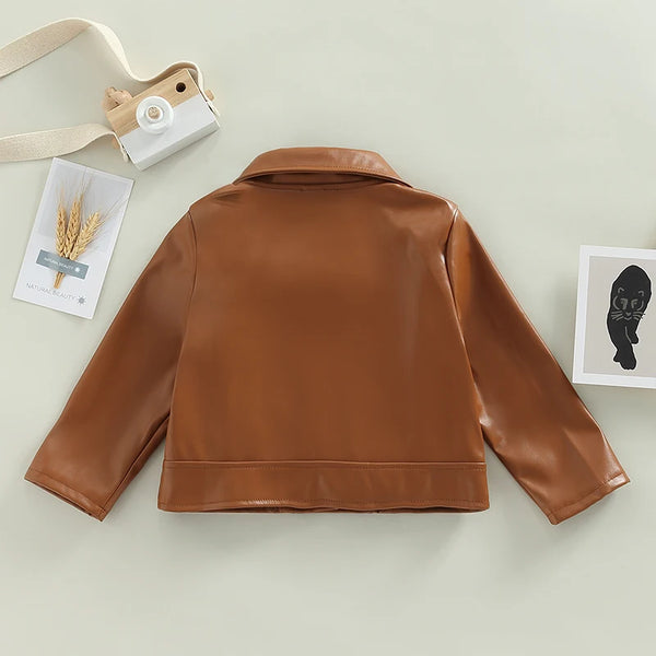 Kids Girls Solid Color PU Leather Jacket Long Sleeve Turn-down Collar Zipper Closure Casual Outwear for 1 Years to 5 Years