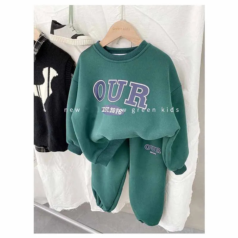 Children's Round Neck Sweater Sets Boys Warm Casual Loose 2Pcs Autumn Winter New Children's Long-Sleeved Letter Sports Suit 2-6Y