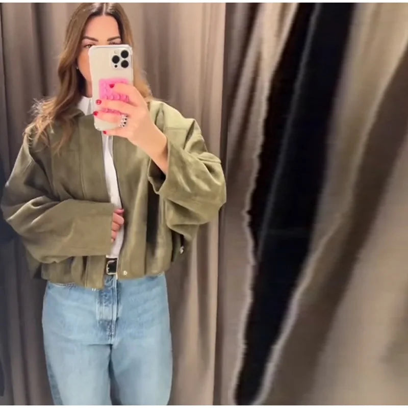 Fashion Brown Suede Bomber Jacket Women Elegant Zipper Lapel Long Sleeve Short Coats Female Vintage Street Chic Lady Outerwear