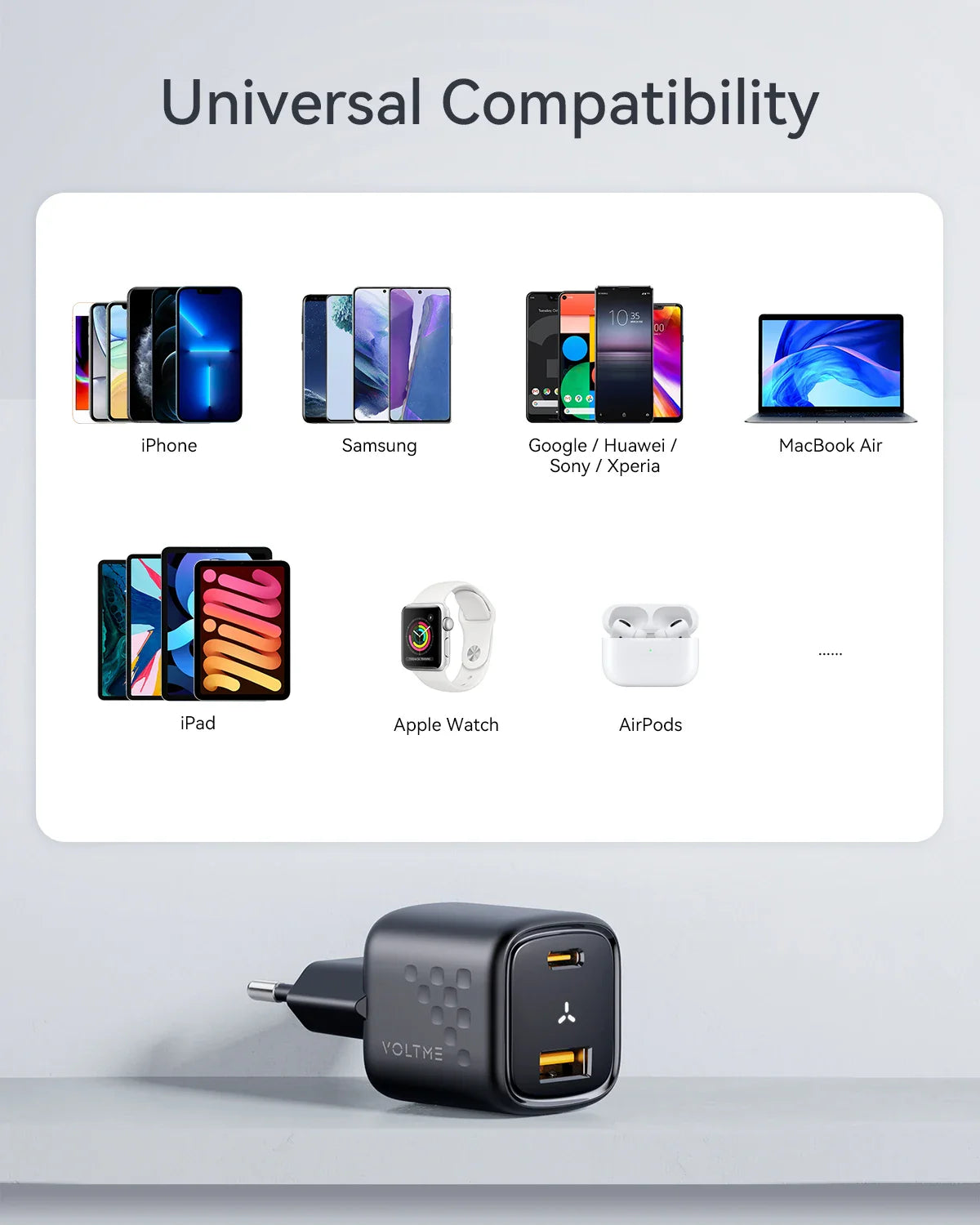 VOLTME USB C настінний зарядний блок 20W Power Delivery + QC3.0 USB A подвійний порт швидкої зарядки Type C для iPhone 15 14 13 12 Pro Max