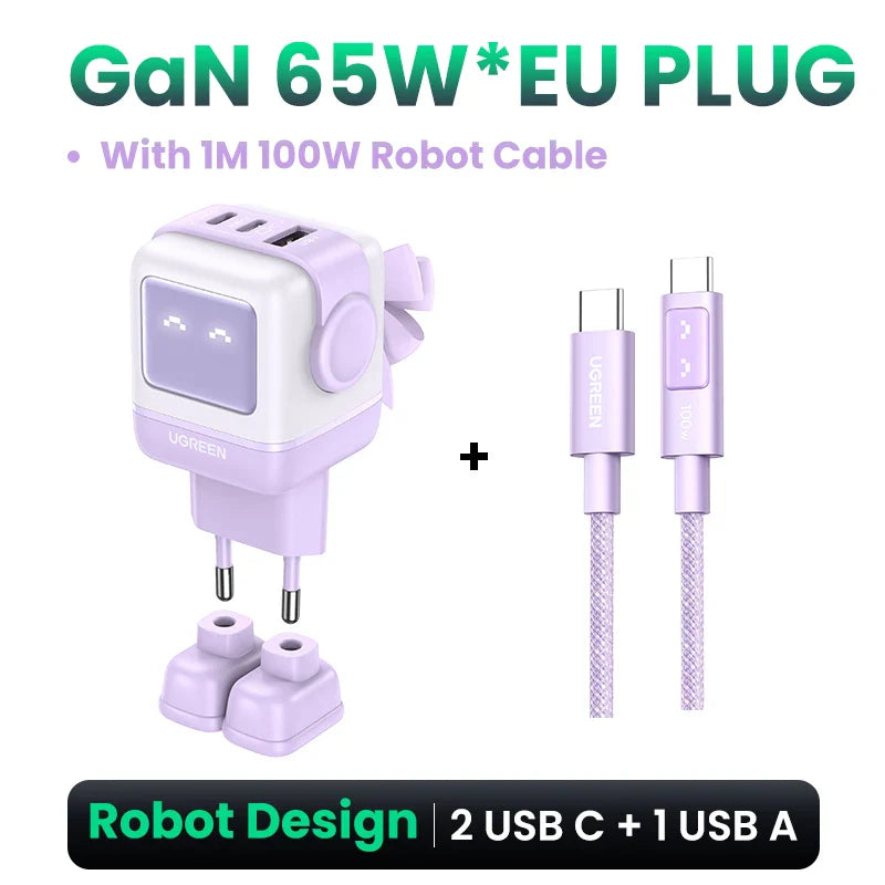 UGREEN 65W GaN зарядний пристрій Uno Robot Design швидка зарядка 4.0 3.0 PPS PD швидкий зарядний пристрій для iPhone 16 15 14 Pro Macbook ноутбук планшет