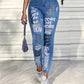 Women Denim Jeans Ankle Length Print Holes Pencil Pants Pockets Washing Slim Basics Zipper Fly Spring Flat Slight Strech