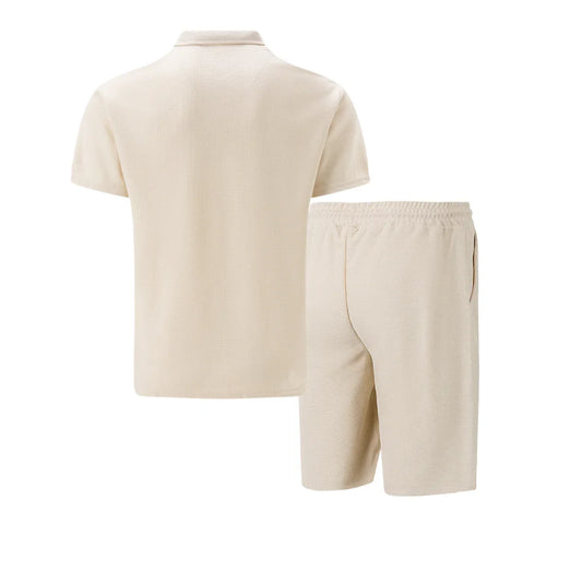Summer men's new Waffle zipper solid color lapel short-sleeved T-shirt shorts outdoor casual suit