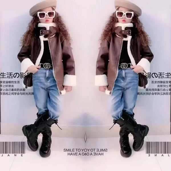 2024 Girls  Jacket  Leather Motorcycle  Kids Coats Fleece   Children  Jacket  Winter Autumn