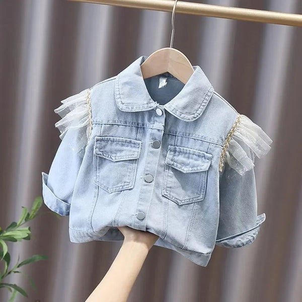 Autumn Girls Coat Denim Jacket Lace Bow Tie Kids for Girls Coats Toddler Outerwear Birthday Gift Kids Girls Cowboy Child Jackets