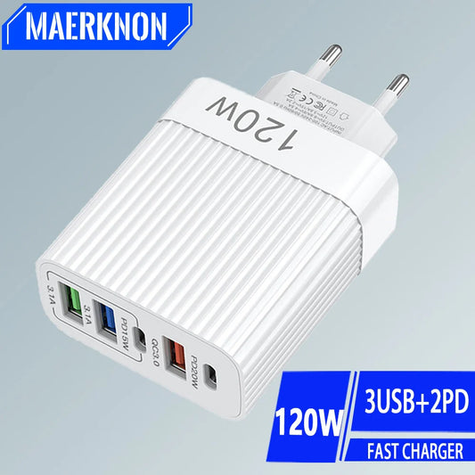 USB швидкий зарядний пристрій 5 портів PD Type C швидка зарядка адаптер для телефону iPhone 15 Pro Samsung Xiaomi Huawei USB C настінний зарядний пристрій