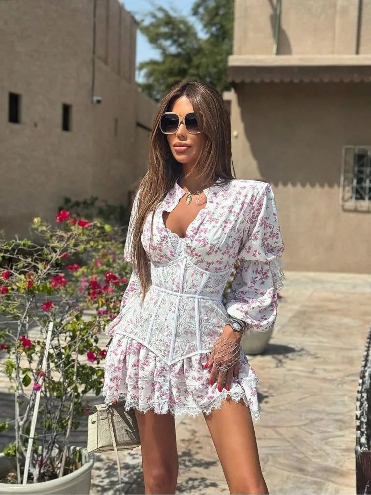 Elegant Long-sleeved Waist Dress For Ladies Spring Summer Sweet Floral Printing Lace Spliced short Party Dresses Female 2025
