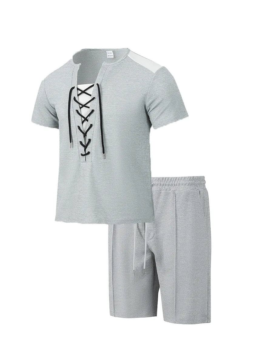 2025 summer men's new leisure fashion city wear rope round neck T trend Waffle short-sleeved shorts two-piece suit