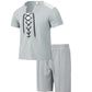 2025 summer men's new leisure fashion city wear rope round neck T trend Waffle short-sleeved shorts two-piece suit