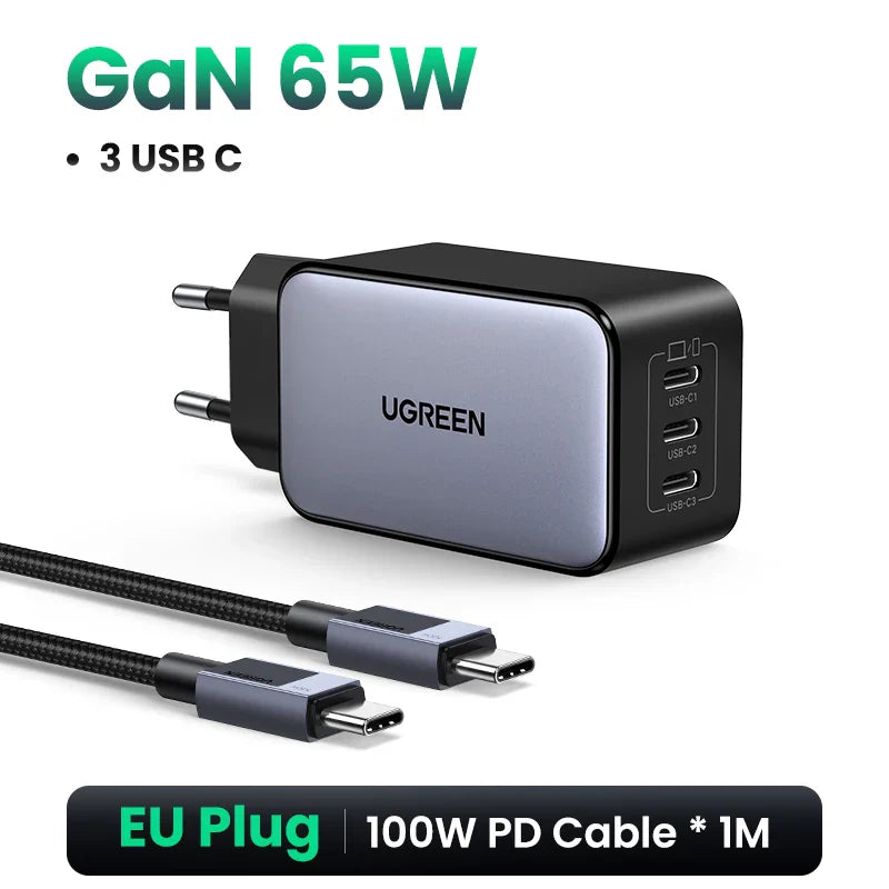 UGREEN 65W GaN зарядний пристрій 4 порти USB C швидка зарядка Quick Charge 3.0 PD 3.0 для Macbook Air, ноутбуків, планшетів, iPhone 16 15 14 Pro Max