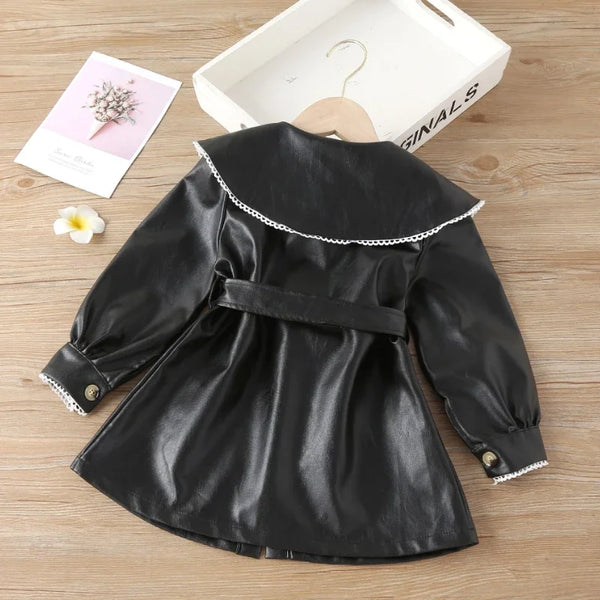 New Spring Toddler Girls PU Leather Jackets Coat Children Doll Collar Belt Outerwear Windbreaker Kids Clothes Jackets Dress 1-7Y