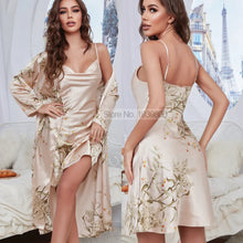Print Cherry Kimono Robe Gown With Suspender Strap Nightgown Suit Satin Women Bathrobe Sexy Lingerie Rayon Summer Sleepwear
