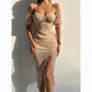 Spring/Summer New Flower Print Wrapped Chest Irregular Strap Dress Summer Short sleeved High slit Women's Party Clothing