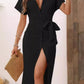 Women's Casual V Neck Short Sleeved Single-breasted Lace-up MIDI Dress Summer Solid Color Stylish Elegant Female Shirt Dresses