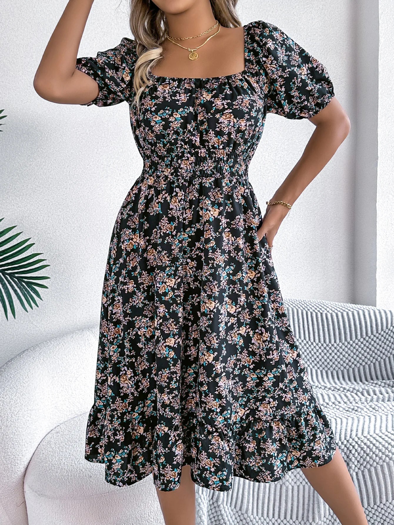 Summer Women's Beach Dress Floral 3D Print Square Neck Short-Sleeved Ladies Waist Ruffled A-Line Dress For Women Holiday Dresses