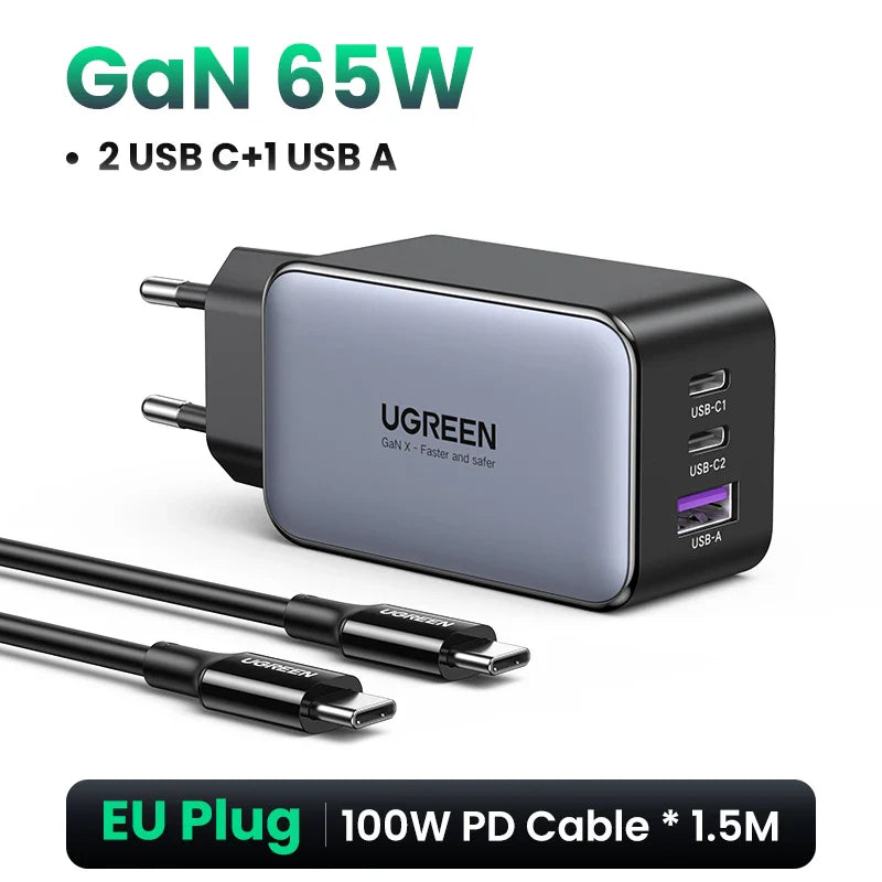 UGREEN 65W GaN зарядний пристрій Quick Charge 4.0 3.0 USB C зарядний пристрій для iPhone 16 15 14 Pro Max ноутбука Macbook Air планшета PD швидка зарядка