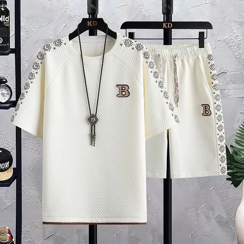 Summer New Fashion Trend Short Sleeve Shorts Ice Silk Suit Men Loose Sports Breathable Large Size High Quality Two-Piece Set