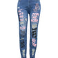 Women Denim Jeans Ankle Length Print Holes Pencil Pants Pockets Washing Slim Basics Zipper Fly Spring Flat Slight Strech