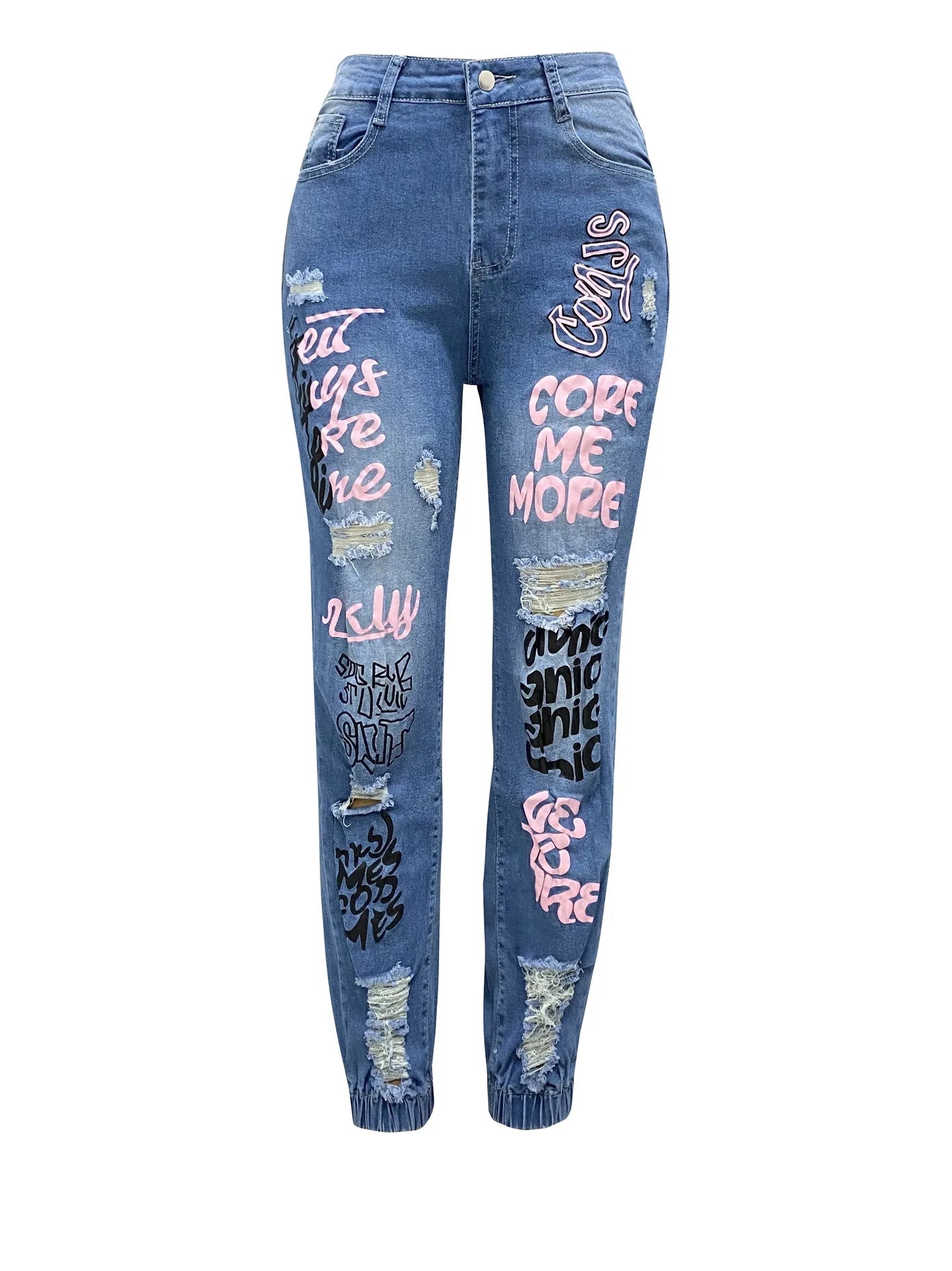 Women Denim Jeans Ankle Length Print Holes Pencil Pants Pockets Washing Slim Basics Zipper Fly Spring Flat Slight Strech