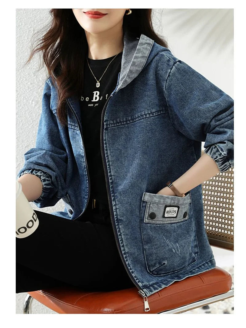 Women Denim Jacket New Spring Autumn Long Sleeve Tops Female Casual Hooded Jeans Jackets Women Big pocket Cowgirl Outerwear