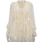 Clacive Fashion Loose Apricot Women's Dress 2024 Sexy V-Neck Long Sleeve Mini Dresses Elegant Classic Ruffle Female Dress