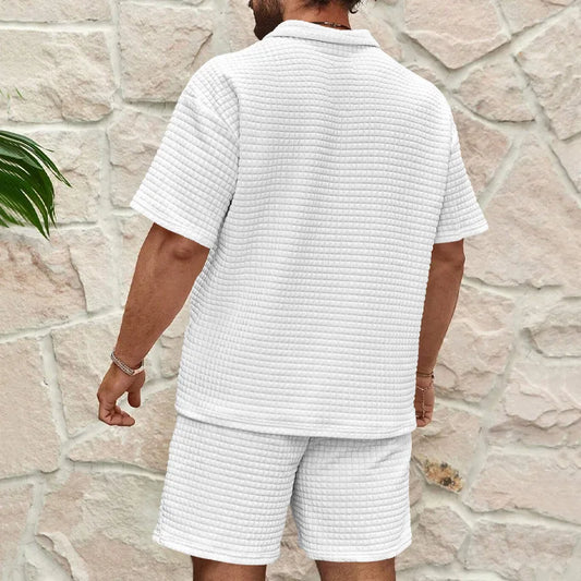 2025 Summer Foreign Trade New Men's Casual Trend Fashion Comfortable Waffle Solid Color Lapel Shirt Sports Suit Pant Sets