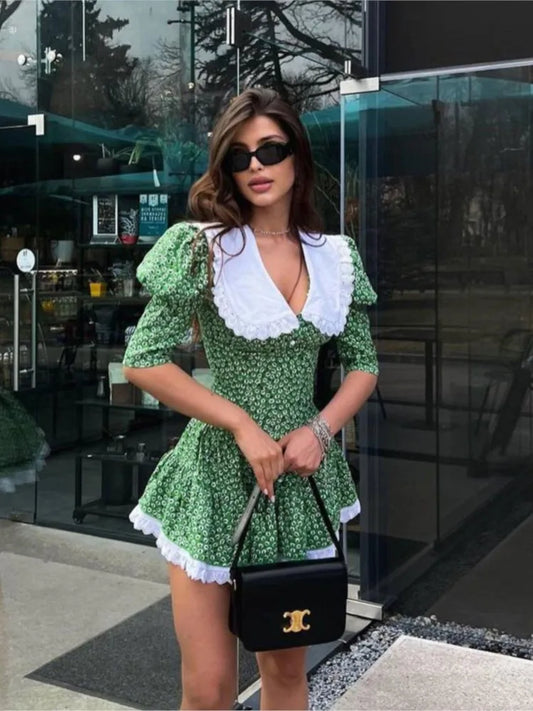 Summer Floral Printed Patchwork Mini Dress Female V-Neck Short Sleeve Slim Fashion Elegant Party Dresses Gown For Women Vestidos