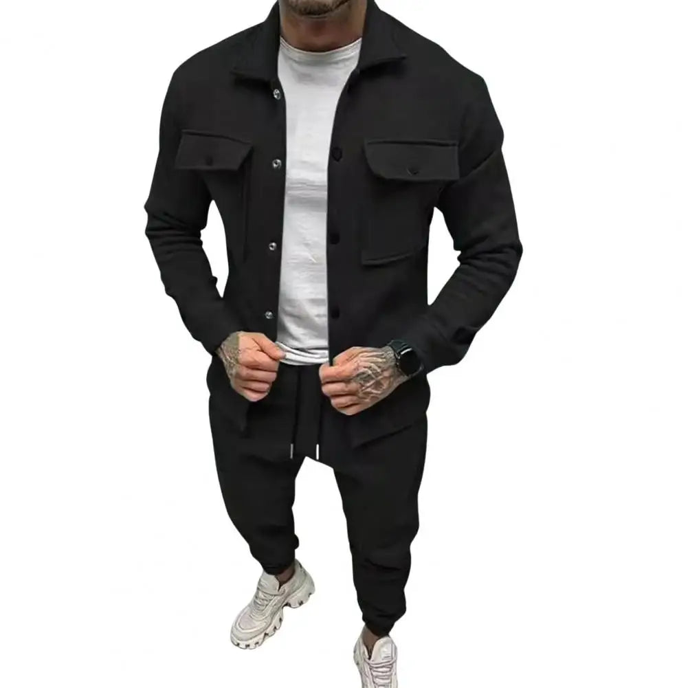 Men Two-piece Suit Set Winter Thick Warm Casual Suit Outfit Long Sleeve Coat Long Trousers Set Fashion Men's Activewear Outwear